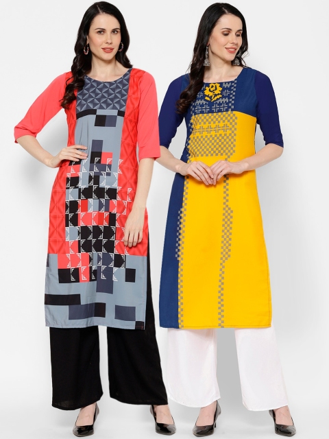 

7Threads Women Set of 2 Printed Straight Kurta, Coral