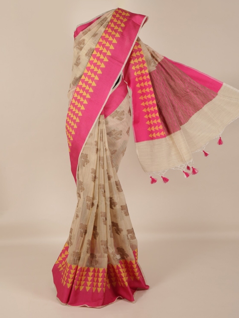 

Pothys Cream-Coloured & Pink Cotton Blend Woven Design Saree