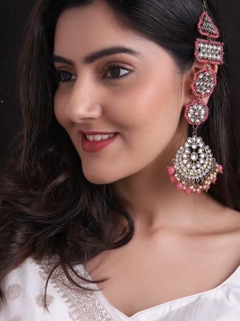 

Rubans Gold-Toned & Pink Geometric Handcrafted Chandbalis with Kanauti Earrings