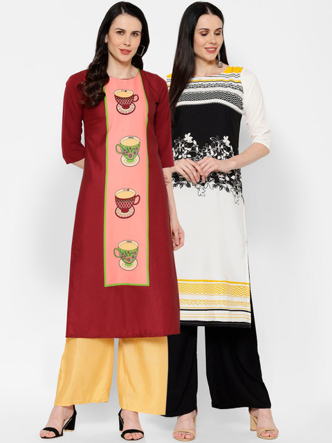 

7Threads Women Set of 2 Printed Straight Kurtas, Maroon