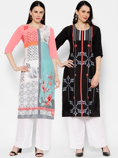 

7Threads Women Pack Of 2 Printed Straight Kurtas, Black