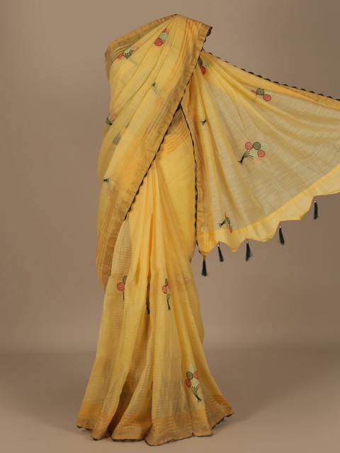 

Pothys Yellow Embroidered Linen Blend Saree