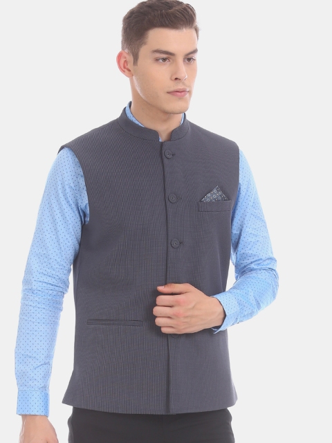 

True Blue Men Charcoal Grey Solid Woven Nehru Jacket