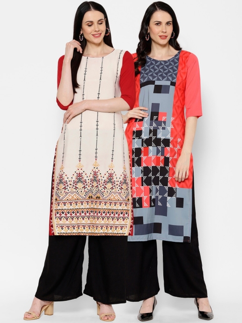 

7Threads Women Pack of 2 Printed Straight Kurtas, Coral