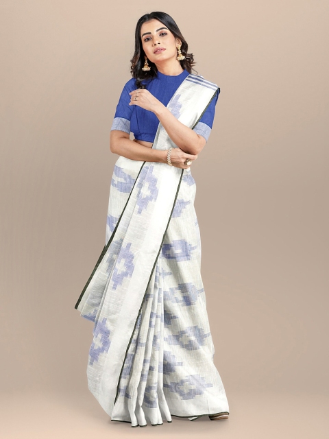 

BharatSthali White & Blue Pure Cotton Printed Pochampally Saree