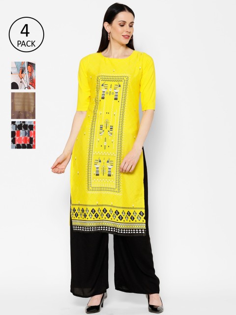 

7Threads Women Pack Of 4 Printed Straight Kurtas, Yellow