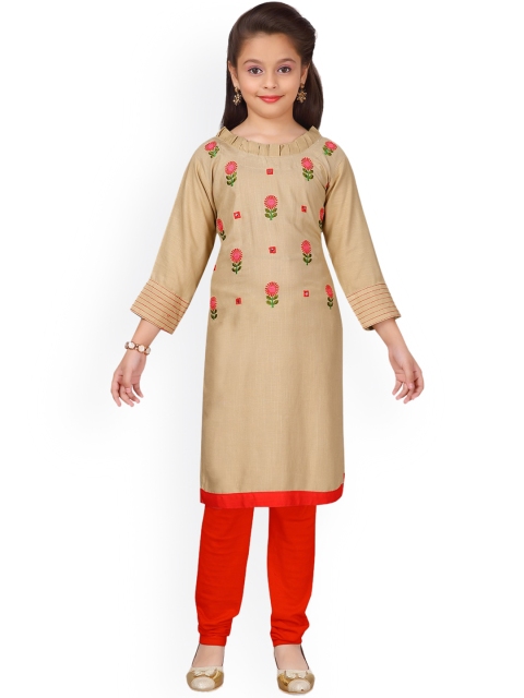 

Aarika Girls Beige & Red Floral Embroidered Kurta with Churidar