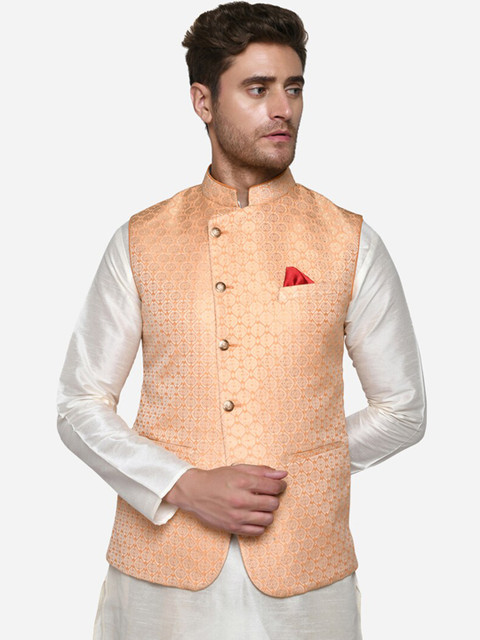 

JADE BLUE Men Peach-Coloured & Gold-Coloured Woven Design Modi Jacket