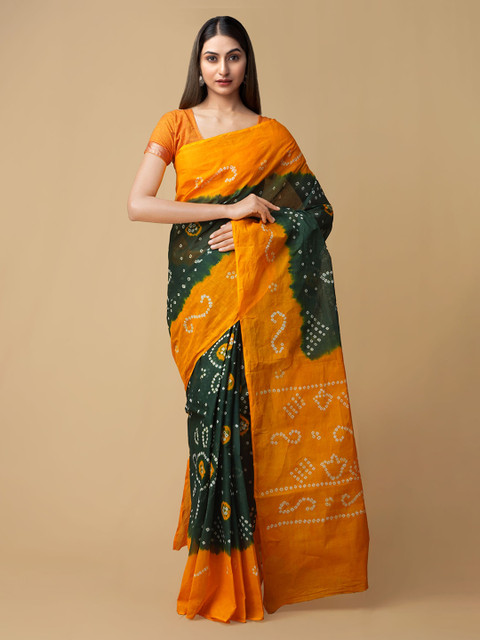 

Unnati Silks Green & Orange Pure Cotton Dyed Bandhani Saree