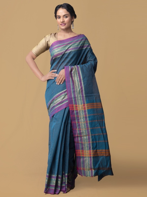 

Unnati Silks Blue Pure Cotton Checked Chettinad Saree