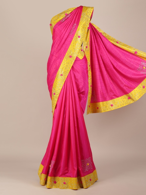 Pothys Pink & Yellow Jute Silk Solid Saree