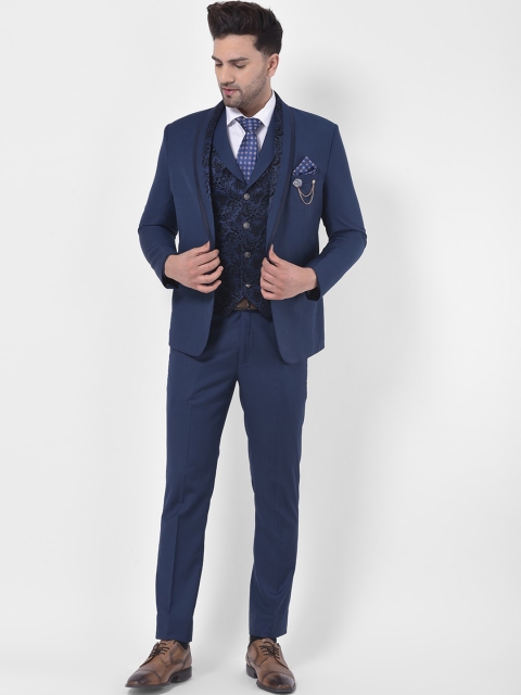 

LUXURAZI Men Blue Solid Tailored-Fit Three-Piece Tuxedo Suit