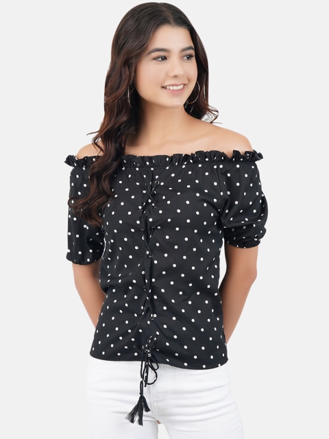

JAAIVE Women Black Polka Dot Printed Bardot Top