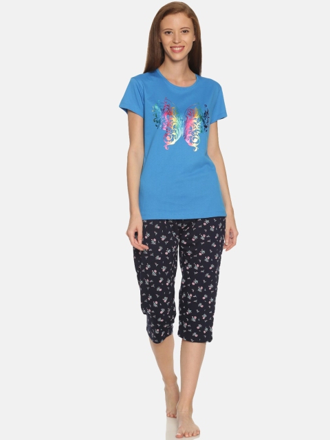 

TWIN BIRDS Women Blue & Black Printed Night Suit