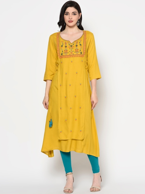 

GULMOHAR JAIPUR Women Yellow Embroidered A-Line Kurta