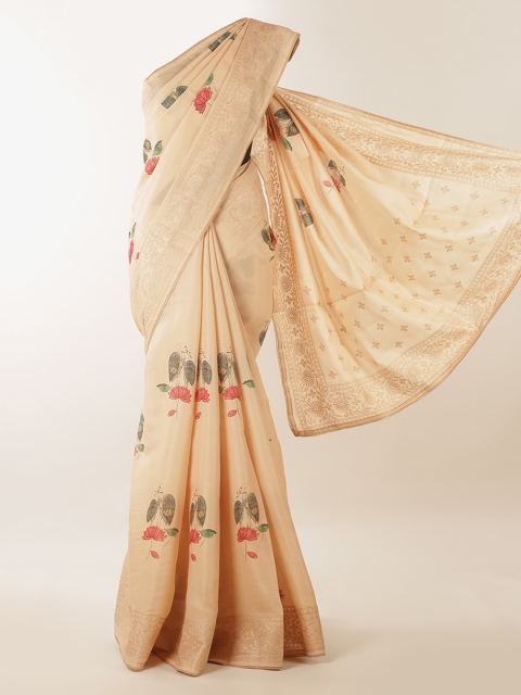 

Pothys Cream-Coloured & Green Jute Silk Woven Design Saree