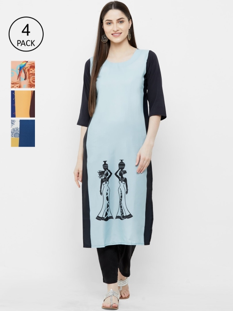 

7Threads Women Pack Of 4 Printed Straight Kurtas, Blue
