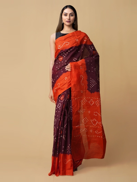 

Unnati Silks Burgundy & Orange Pure Cotton Printed Bandhani Saree