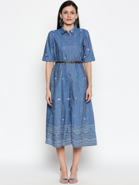 

AKKRITI BY PANTALOONS Women Blue Printed Cotton Shirt Dress