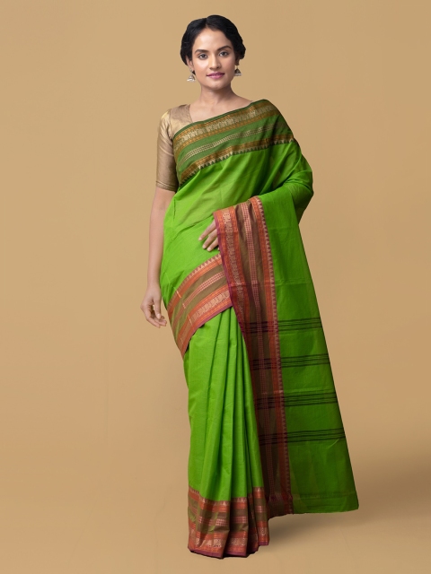

Unnati Silks Green Pure Handloom Cotton Woven Design Kanjeevaram Saree