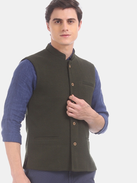 

True Blue Men Dark Olive Textured Waistcoat