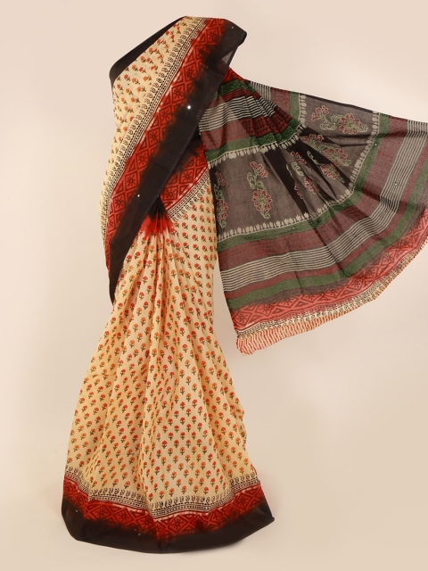 

Pothys Cream-Coloured & Brown Pure Cotton Printed Saree