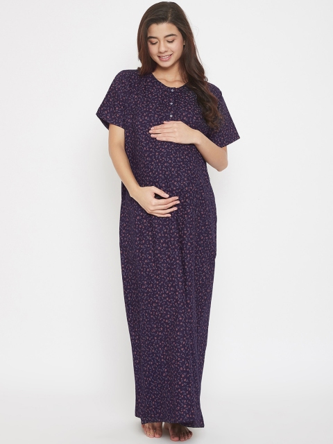 

The Kaftan Company Women Navy Blue & Grey Printed Maternity and Nursing Nightwear