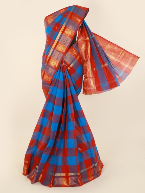 

Pothys Blue & Red Pure Cotton Checked Saree