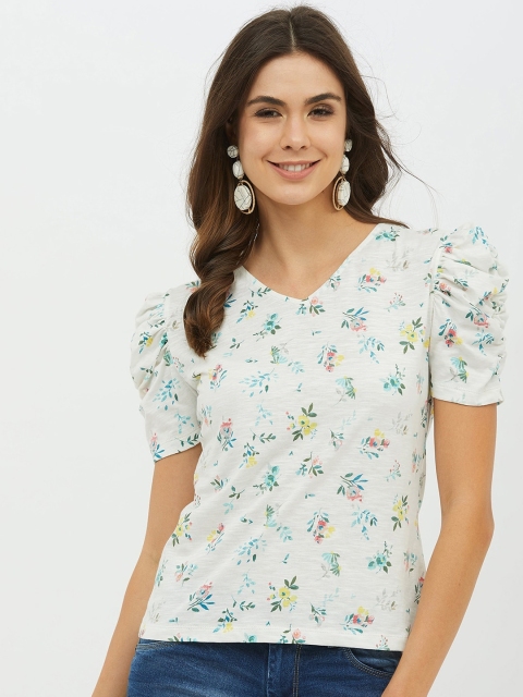 

Harpa Women White Printed V-Neck T-shirt