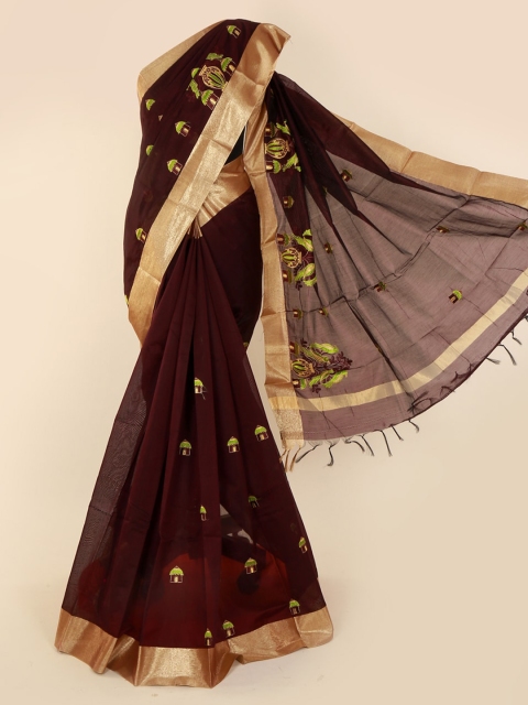 

Pothys Burgundy Embroidered Silk Cotton Saree