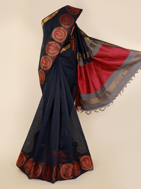 

Pothys Navy Blue Striped Saree with Zari Border