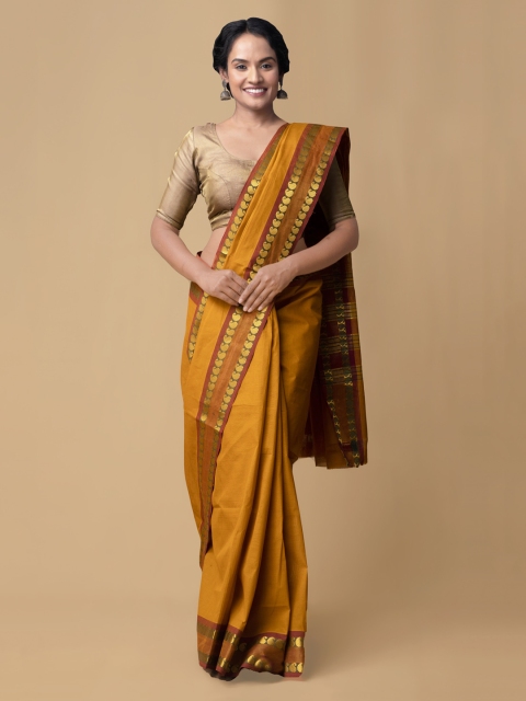 

Unnati Silks Mustard & Brown Pure Cotton Solid Venkatgiri Saree