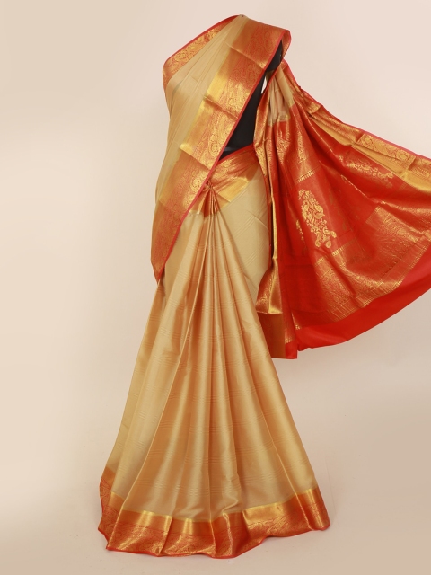 

Pothys Beige & Gold-Toned Pure Silk Solid Mysore Silk Saree