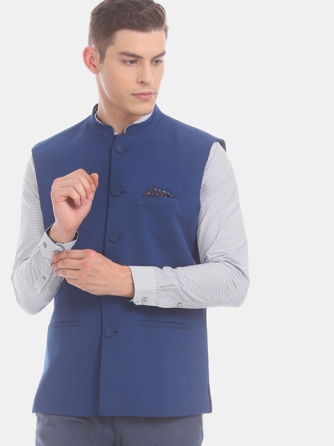 

True Blue Men Blue Solid Woven Nehru Jacket