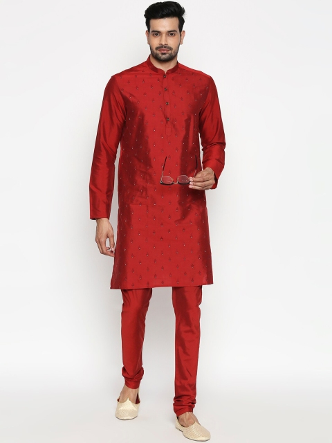 

indus route by Pantaloons Men Maroon Embroidered Kurta with Churidar