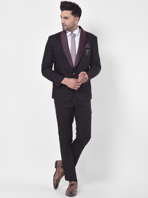 

LUXURAZI Men Black & Maroon Solid Tailored-Fit Tuxedo Party Suit