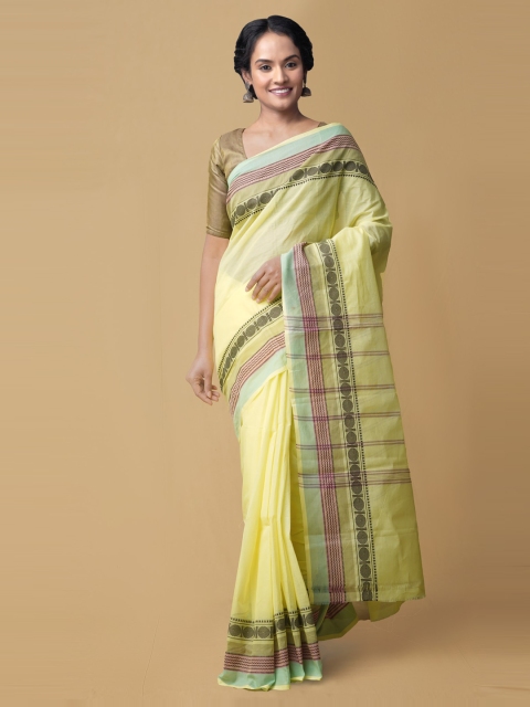 

Unnati Silks Yellow & Green Pure Cotton Solid Kanjeevaram Handloom Saree