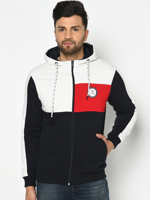 Octave Men White & Black Colourblocked Hooded Sweatshirt