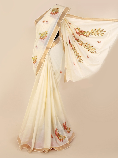 

Pothys Cream-Coloured Embroidered Pure Cotton Saree
