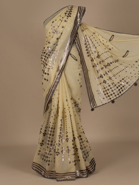 

Pothys Cream-Coloured Embellished Linen Blend Saree