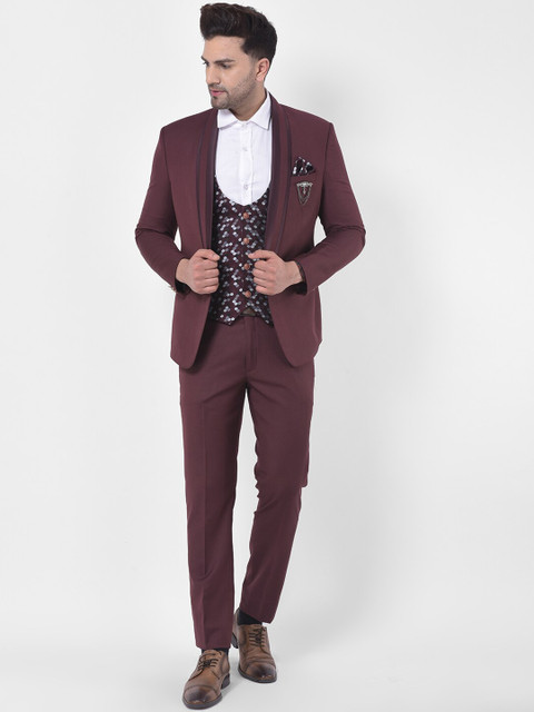 

LUXURAZI Men Burgundy Solid Slim-Fit Three-Piece Tuxedo Suit