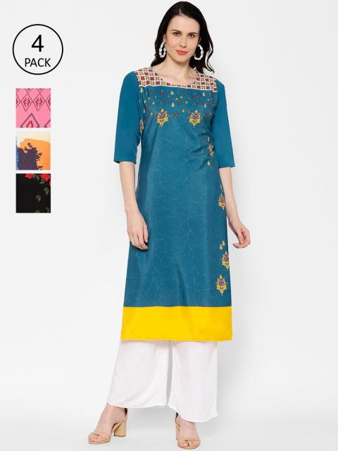 

7Threads Women Pack Of 4 Printed Straight Kurtas, Black