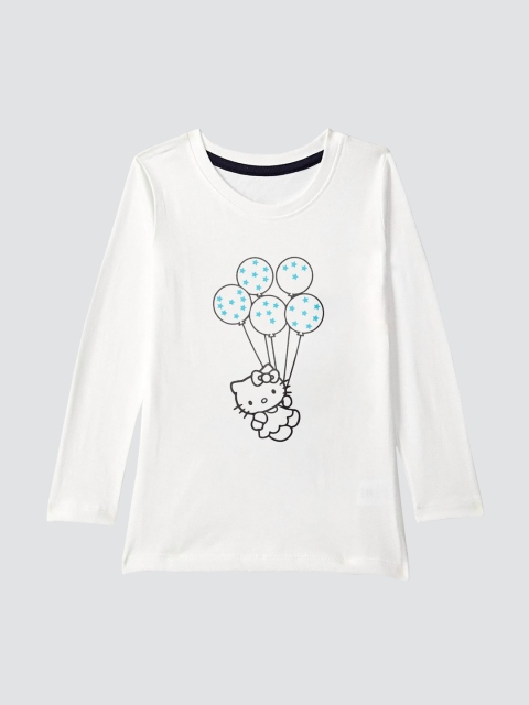 

American-Elm Girls White Printed Cotton Round Neck T-shirt