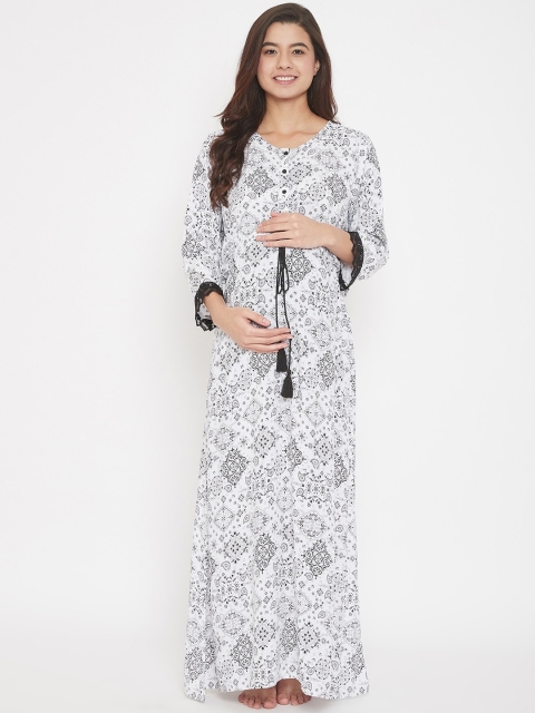 

The Kaftan Company Women White & Black Printed Maxi-Length Maternity Nightdress
