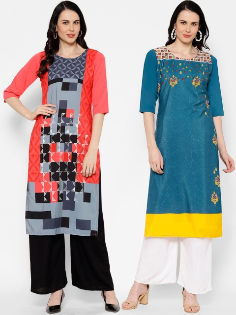 7Threads Women Pack of 2 Printed Straight Kurta, Multi