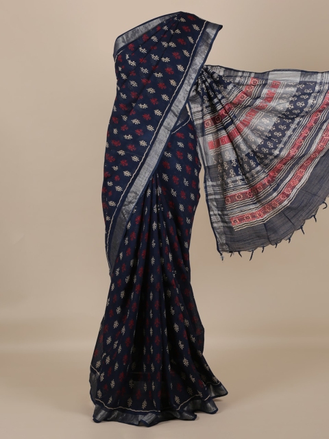 

Pothys Navy Blue & Red Linen Blend Woven Design Saree