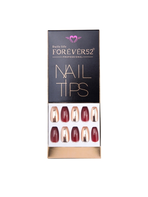 

Daily Life Forever52 Artificial Nail Tips - Set of 28 - FNT031 - Maroon & Gold-Toned
