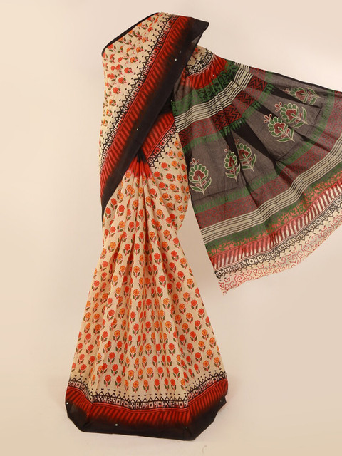 

Pothys Cream-Coloured Printed Pure Cotton Saree