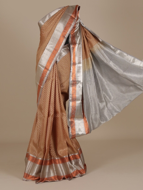 

Pothys Brown & Silver-Toned Pure Silk Printed Saree