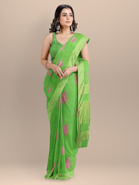 

BharatSthali Green Silk Cotton Embroidered Handloom Maheshwari Sustainable Saree